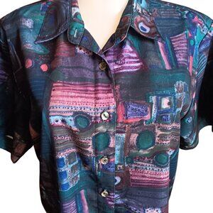 Medium Vintage Mom Granny Top Darlyn Button-Up Abstract Print Shirt USA Green